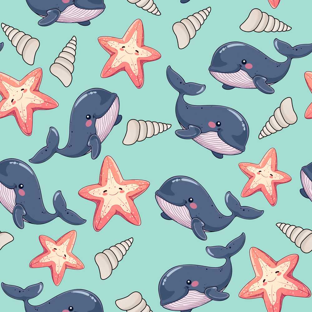 Cute Kawaii Whale Starfish Seashell Ocean Animals Mint Background