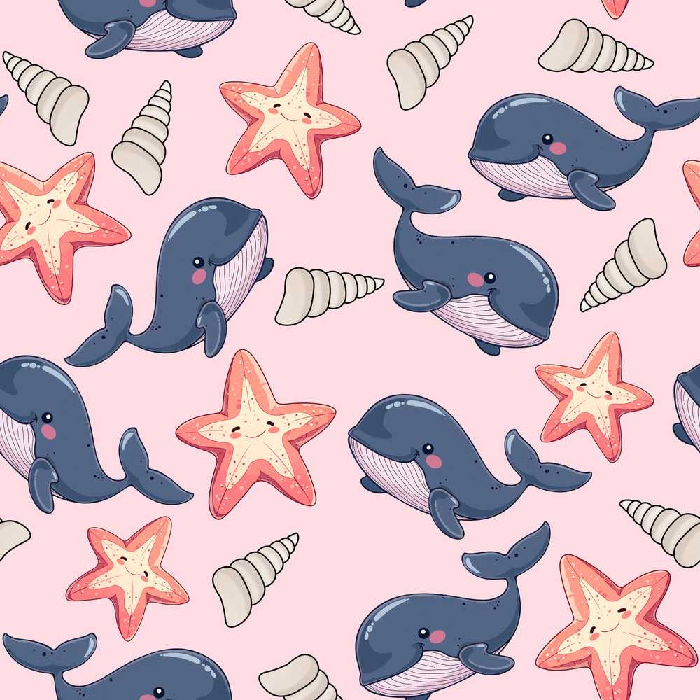 Cute Kawaii Whale Starfish Seashell Ocean Animals Pink Background