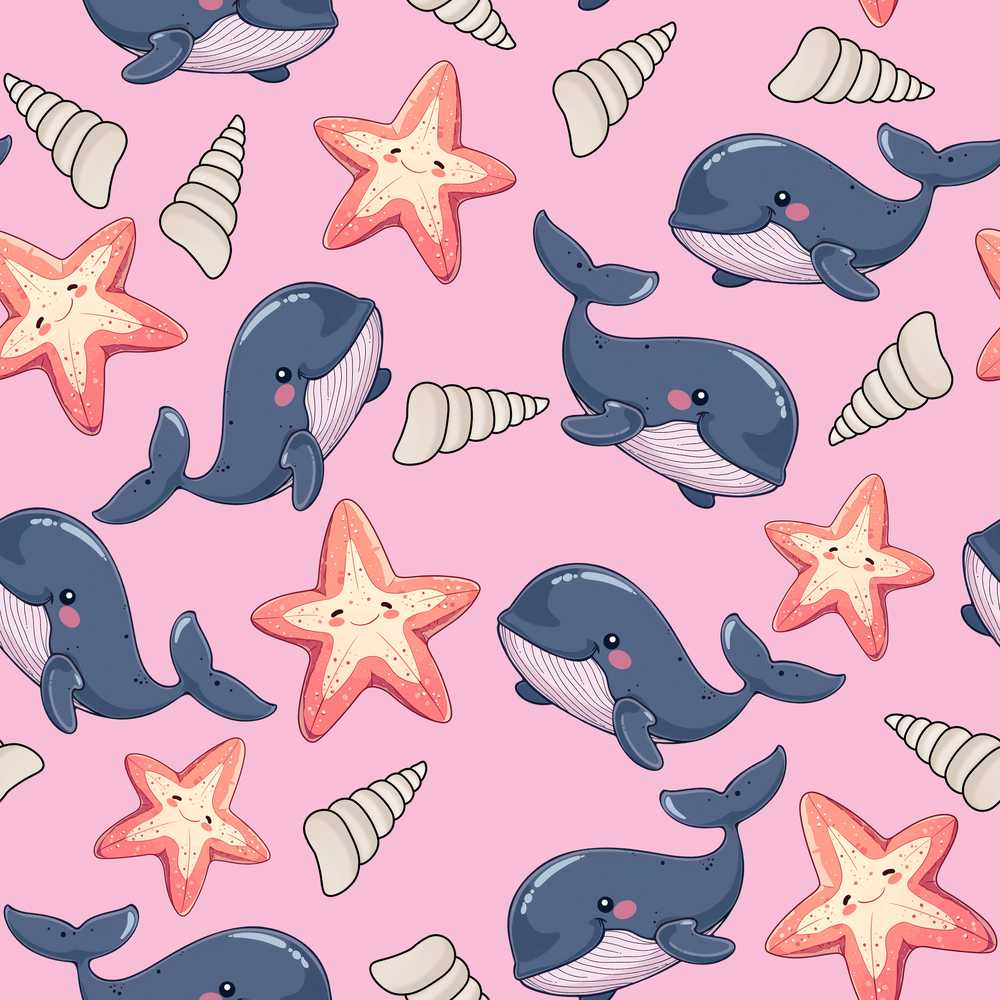 Cute Kawaii Whale Starfish Seashell Ocean Animals Rose Background