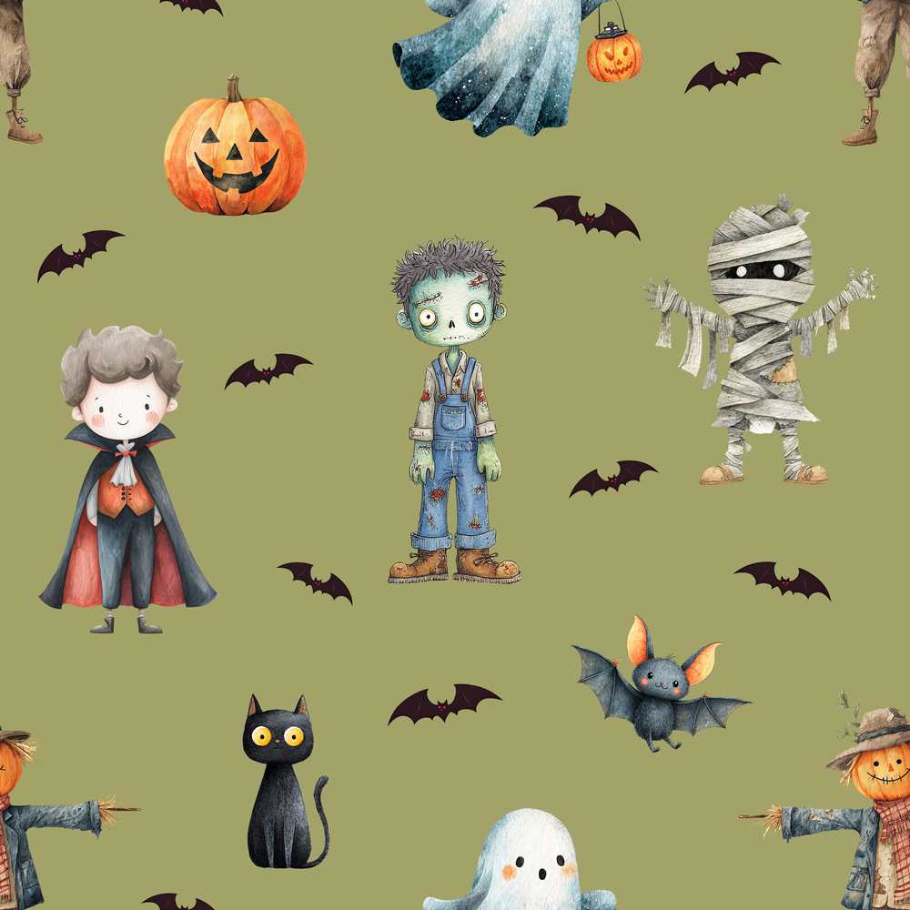 Cute Halloween Kids Characters Zombie Vampire Bats Pumpkin Olive Background