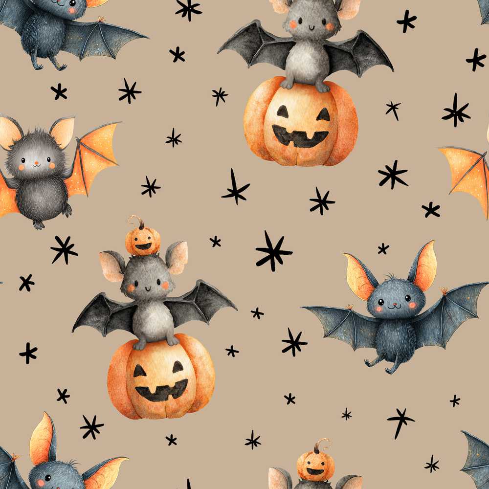 Cute Halloween Bats Sitting on Pumpkins with Stars Beige Background