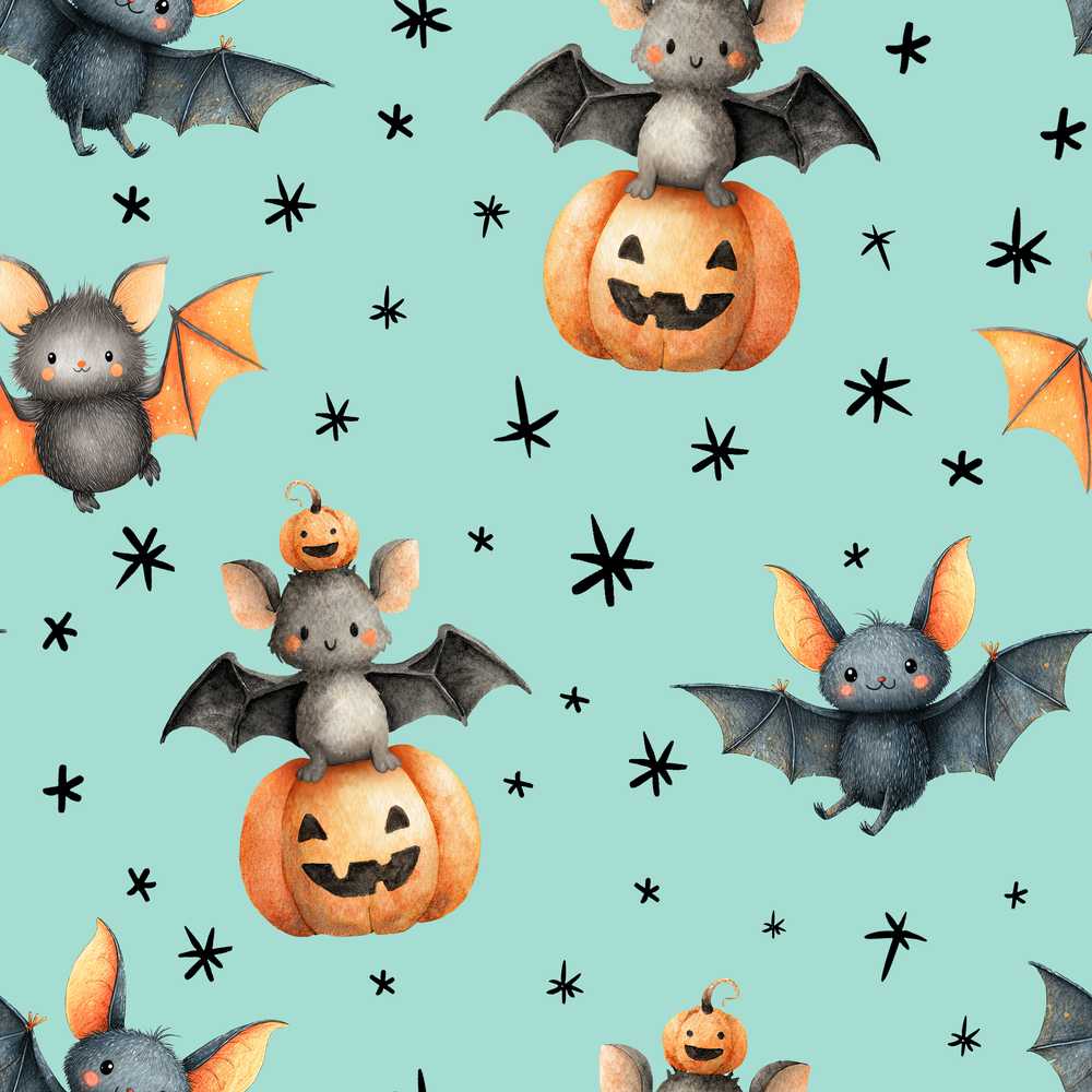 Cute Halloween Bats Sitting on Pumpkins with Stars Teal Background