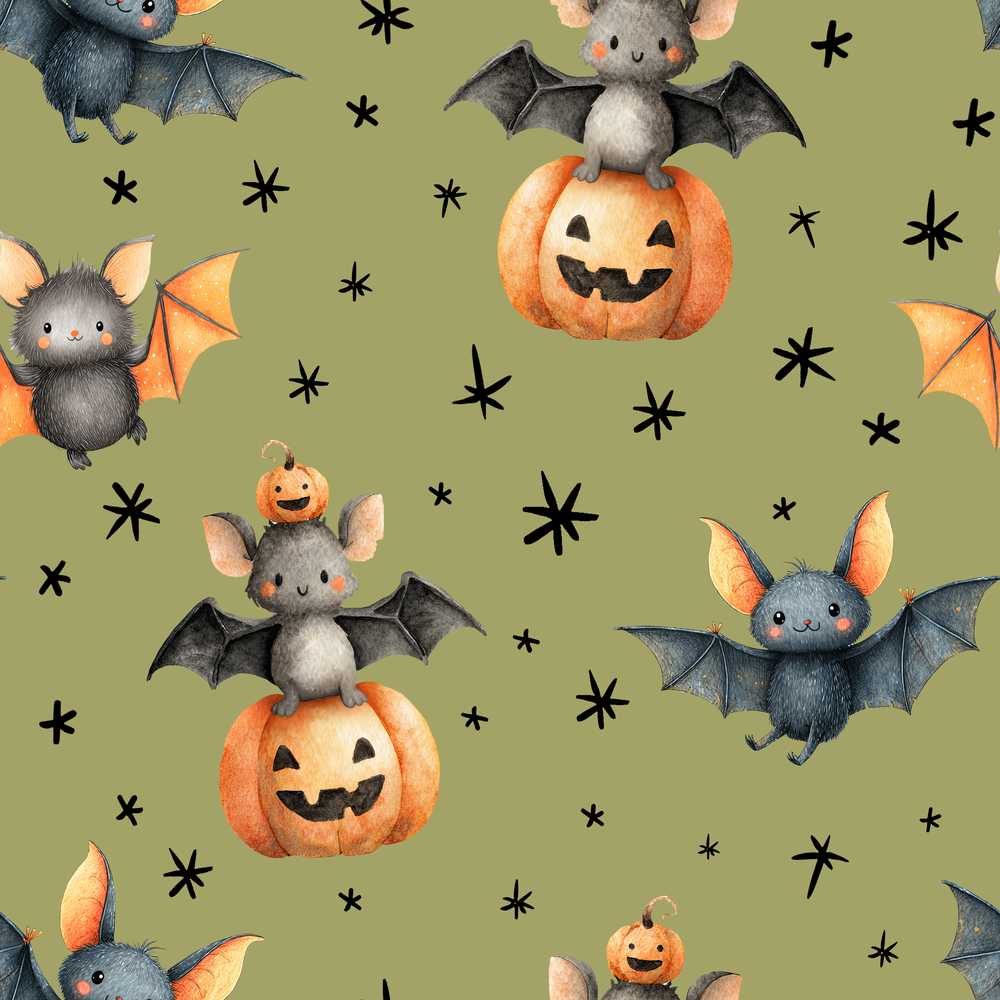 Cute Halloween Bats Sitting on Pumpkins with Stars Olive Background