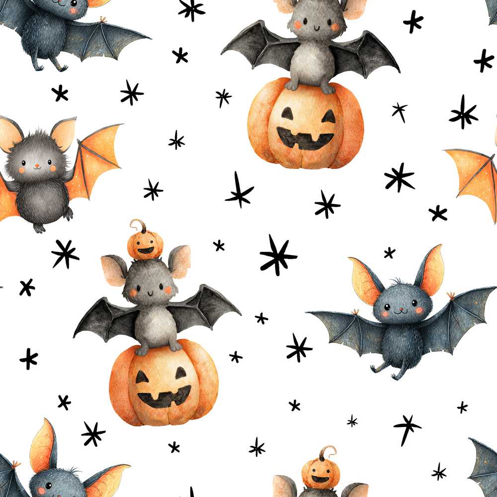 Cute Halloween Bats Sitting on Pumpkins with Stars Grey Background