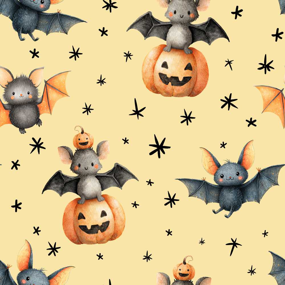 Cute Halloween Bats Sitting on Pumpkins with Stars Yellow Background