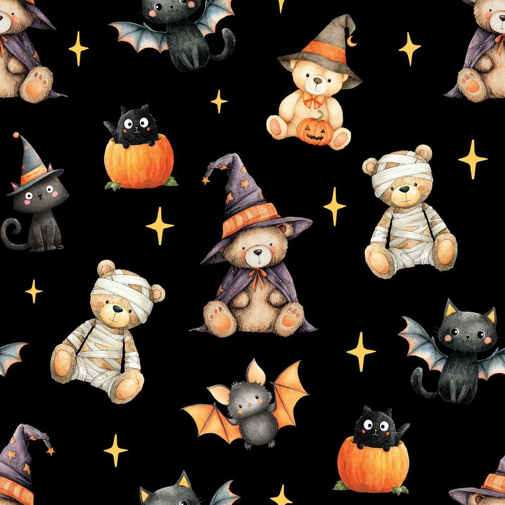 Cute Halloween Teddy Bears Mummy Witch Cat Pumpkin Stars Black