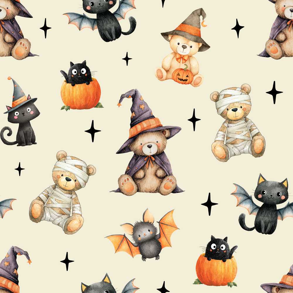 Cute Halloween Teddy Bears Mummy Witch Cat Pumpkin Stars Cream