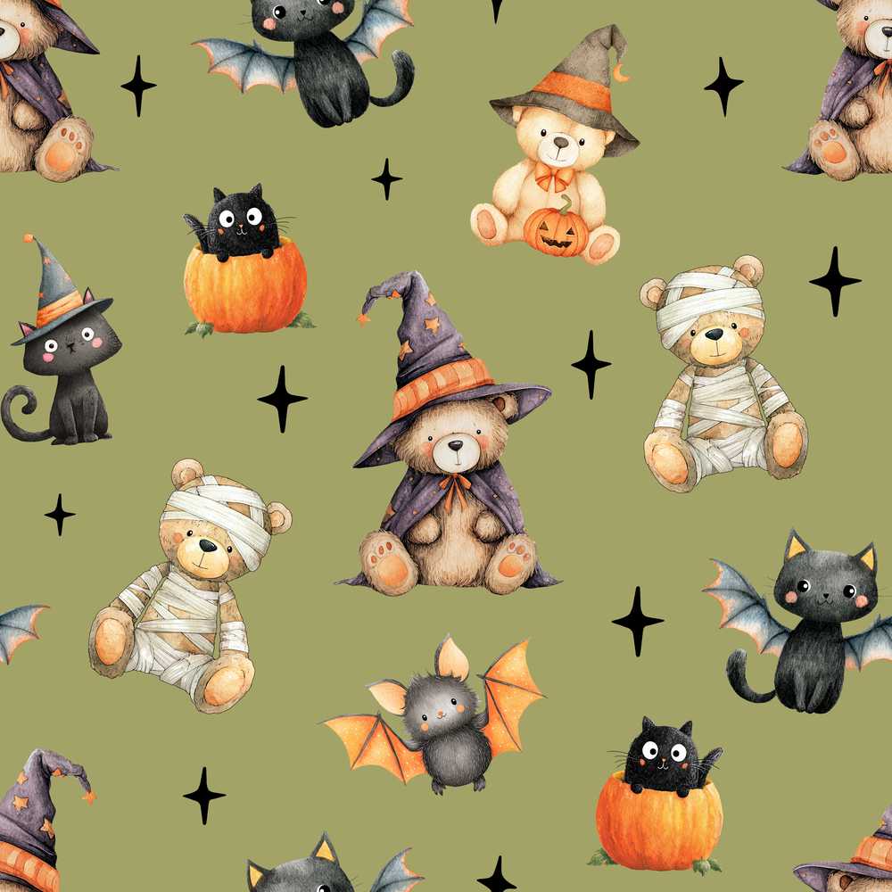 Cute Halloween Teddy Bears Mummy Witch Cat Pumpkin Stars Olive