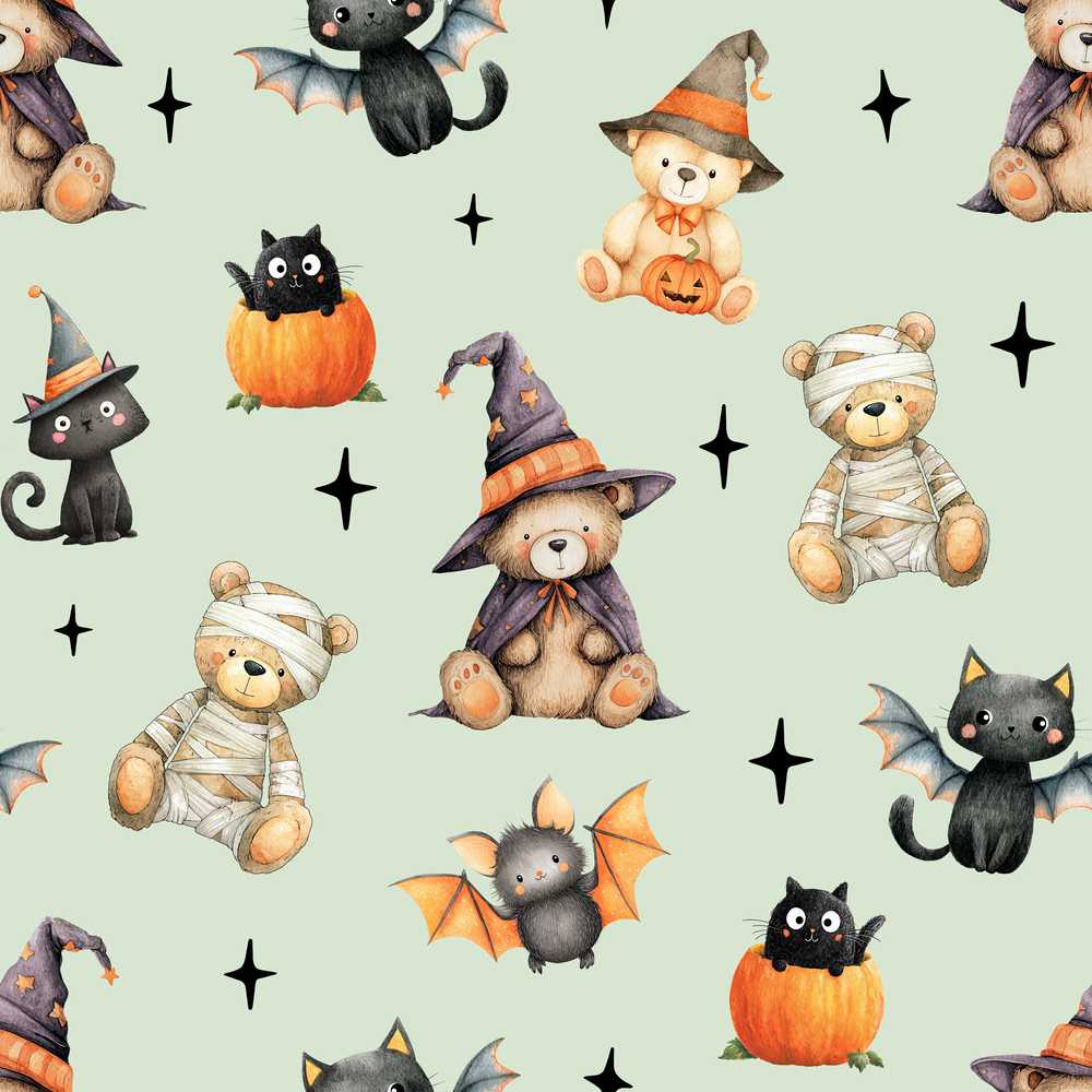 Cute Halloween Teddy Bears Mummy Witch Cat Pumpkin Stars Sage