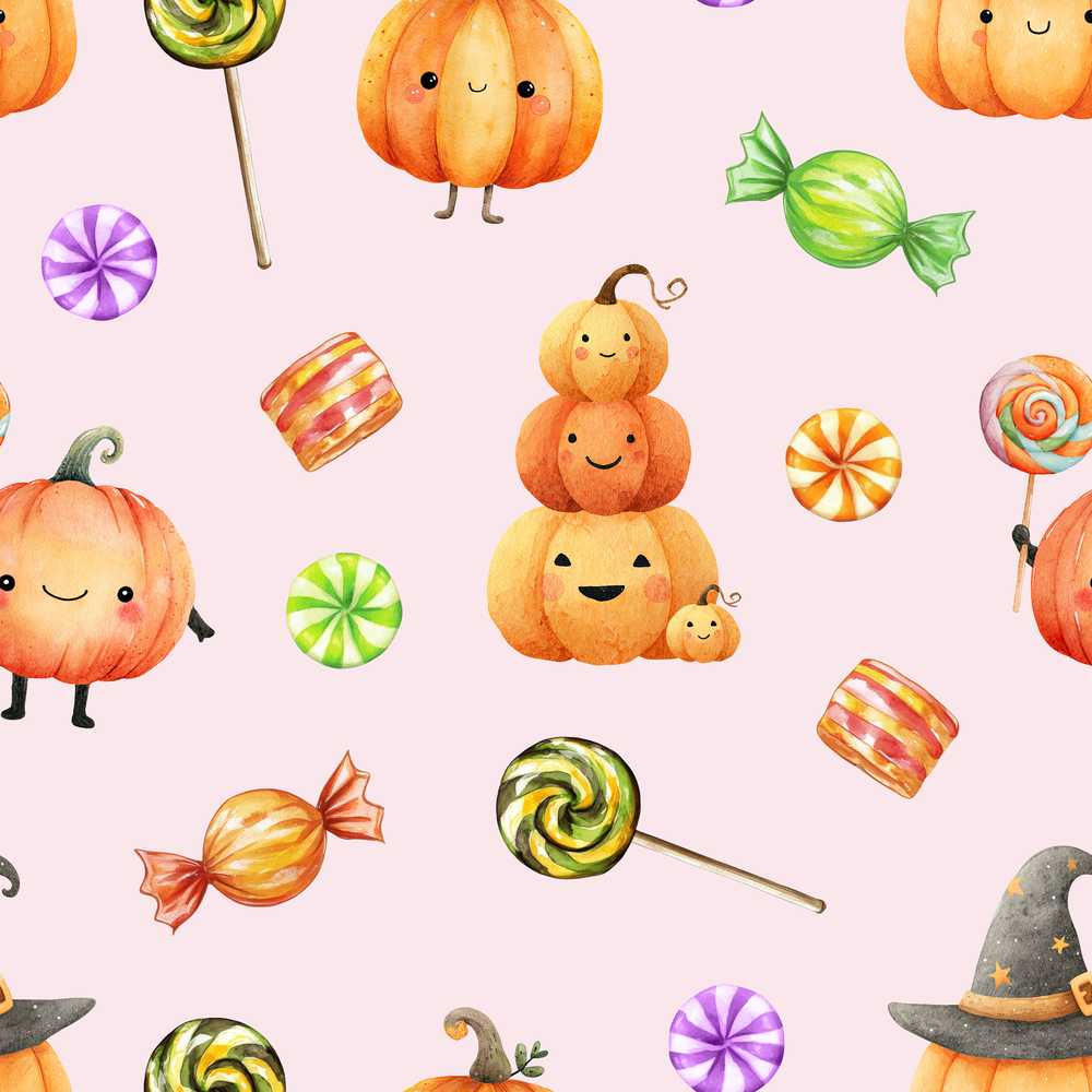 Cute Candy Pumpkin Characters Pink Background Spooky Seasonal