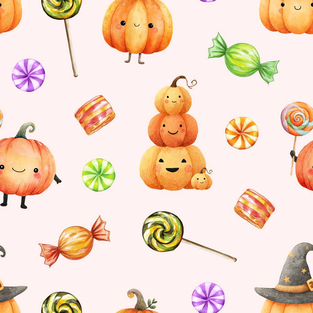 Cute Halloween Pumpkin Candy Characters Pastel Background Spooky