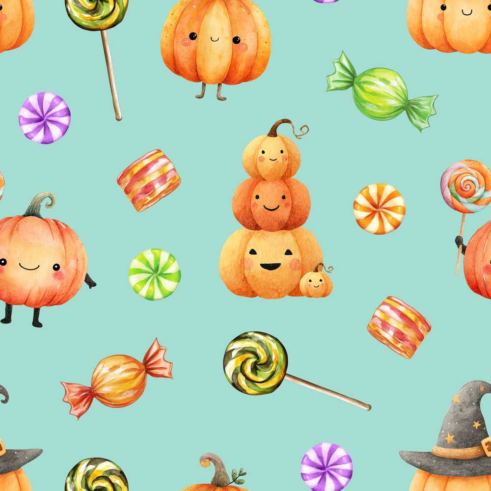 Cute Halloween Pumpkin Candy Characters Mint Background Spooky