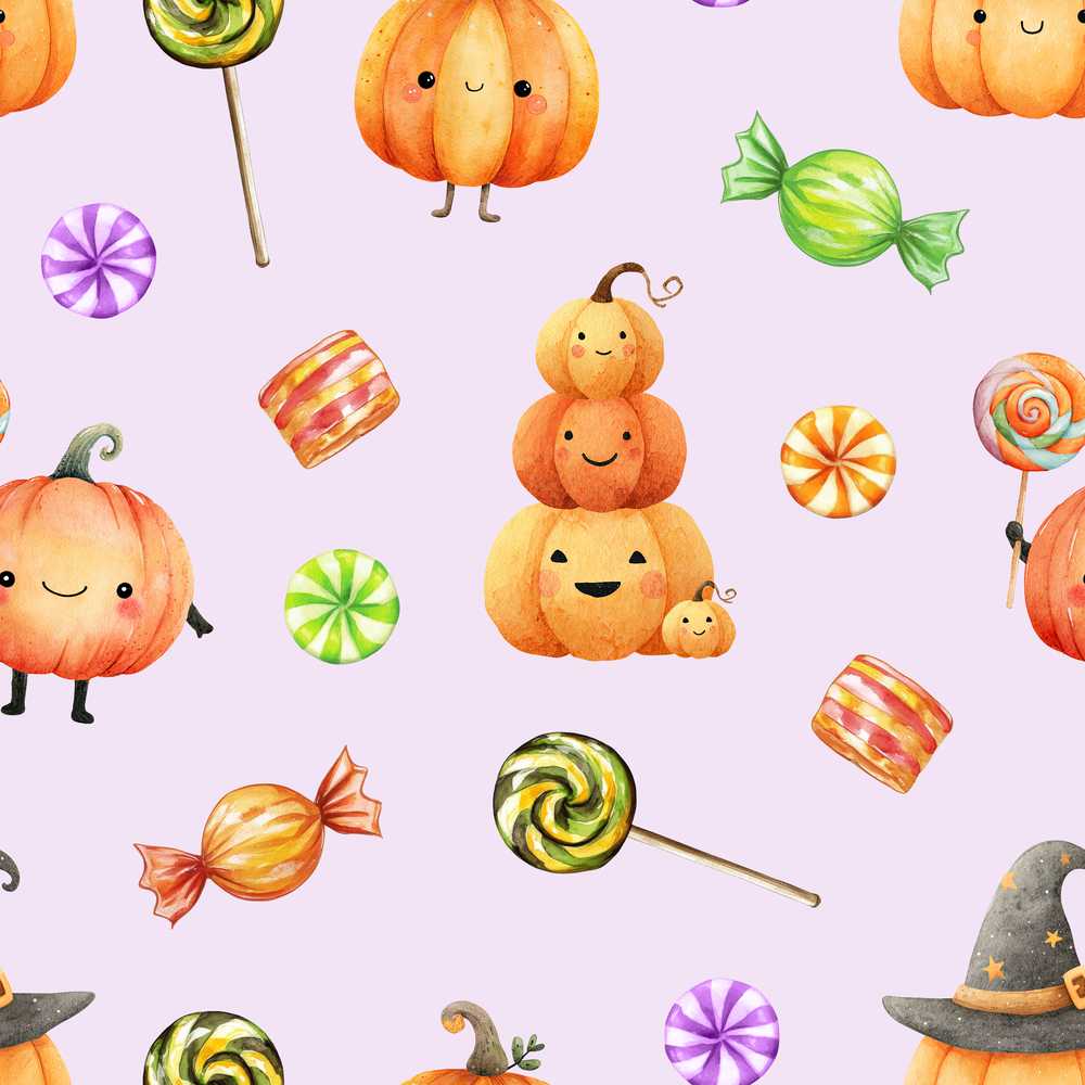 Cute Halloween Pumpkin Candy Characters Lilac Background Spooky