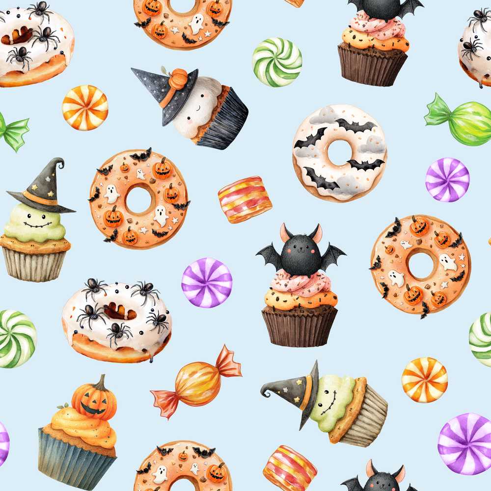 Cute Halloween Spooky Donuts Cupcakes Treats Blue Background