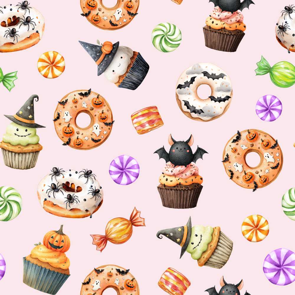 Cute Halloween Spooky Donuts Cupcakes Treats Pink Background