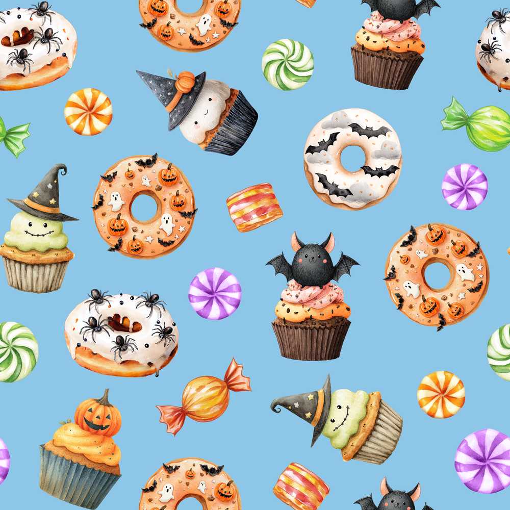 Cute Halloween Spooky Donut Cupcakes Treat Sky Blue Background