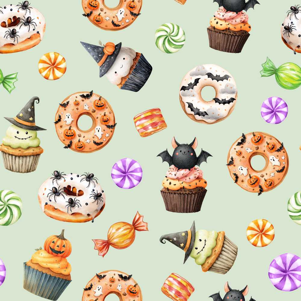 Cute Halloween Donuts Sweet Spooky Treats Soft Sage Background