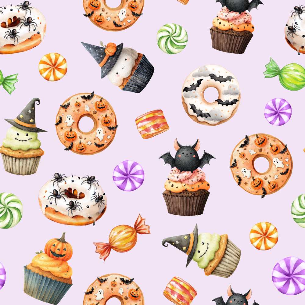 Cute Halloween Donut Sweet Spooky Treats Soft Lilac Background