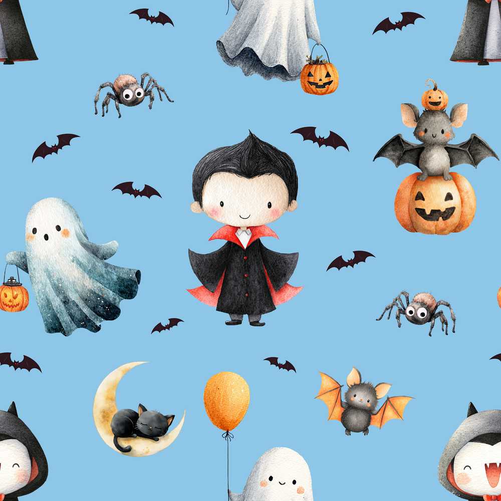 Cute Halloween Vampire Ghost Bats Spooky Blue Background