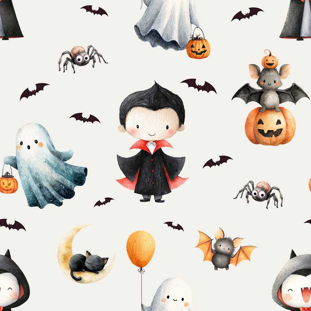 Cute Halloween Vampire Ghost Bats Spooky Cream Background