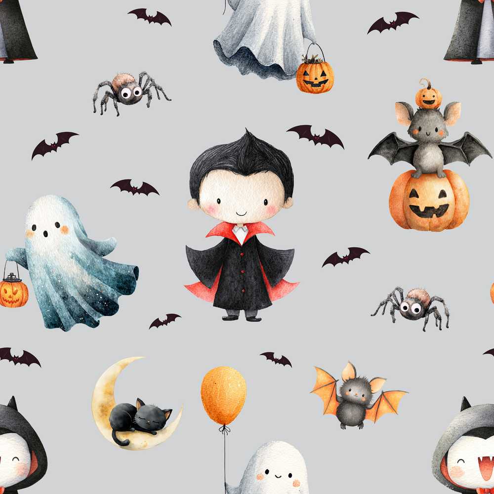 Cute Halloween Vampire Ghost Bats Spooky Grey Background