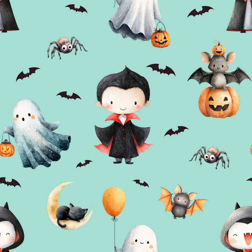Halloween Vampire Ghost Bats Spooky Characters Mint Green