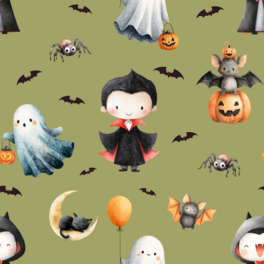 Halloween Vampire Ghost Bats Spooky Characters Olive Green