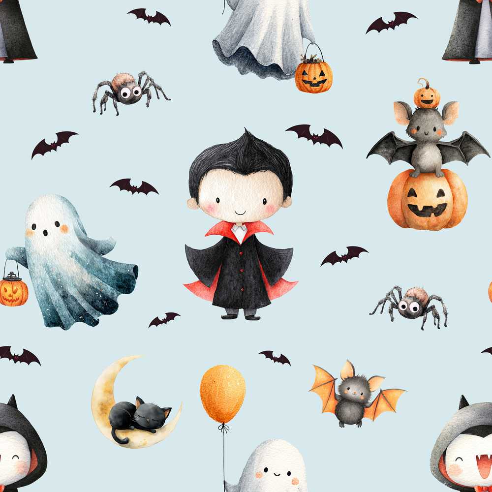 Halloween Vampire Ghost Bats Spooky Characters Pale Blue