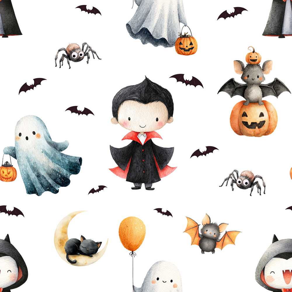 Halloween Vampire Ghost Bats Spooky Characters Light Grey