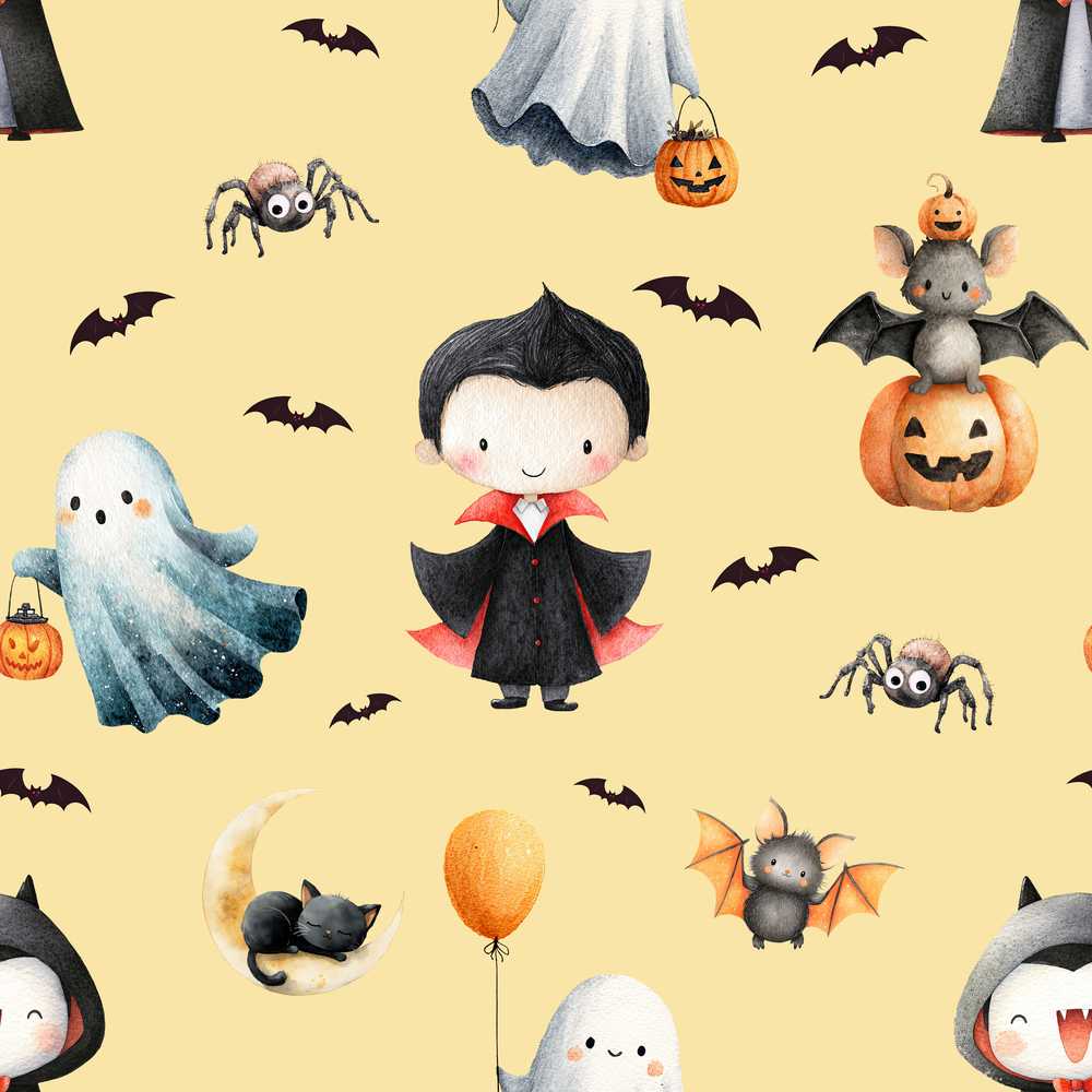 Halloween Vampire Ghost Bats Spooky Characters Warm Yellow