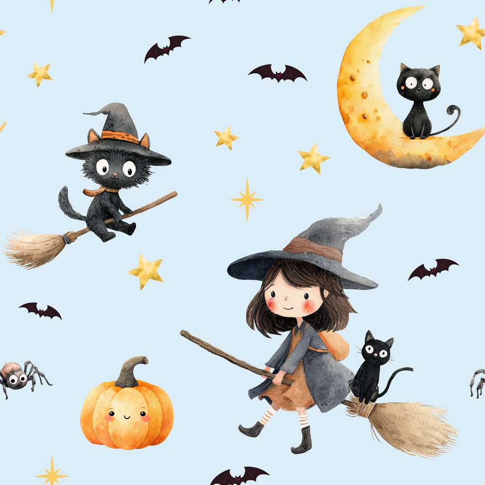 Halloween Witch Cats Moon Stars Spooky Night Blue