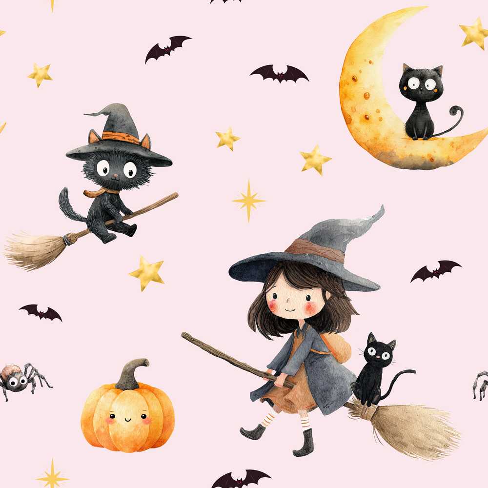 Halloween Witch Cat Moon Stars Spooky Night Pink