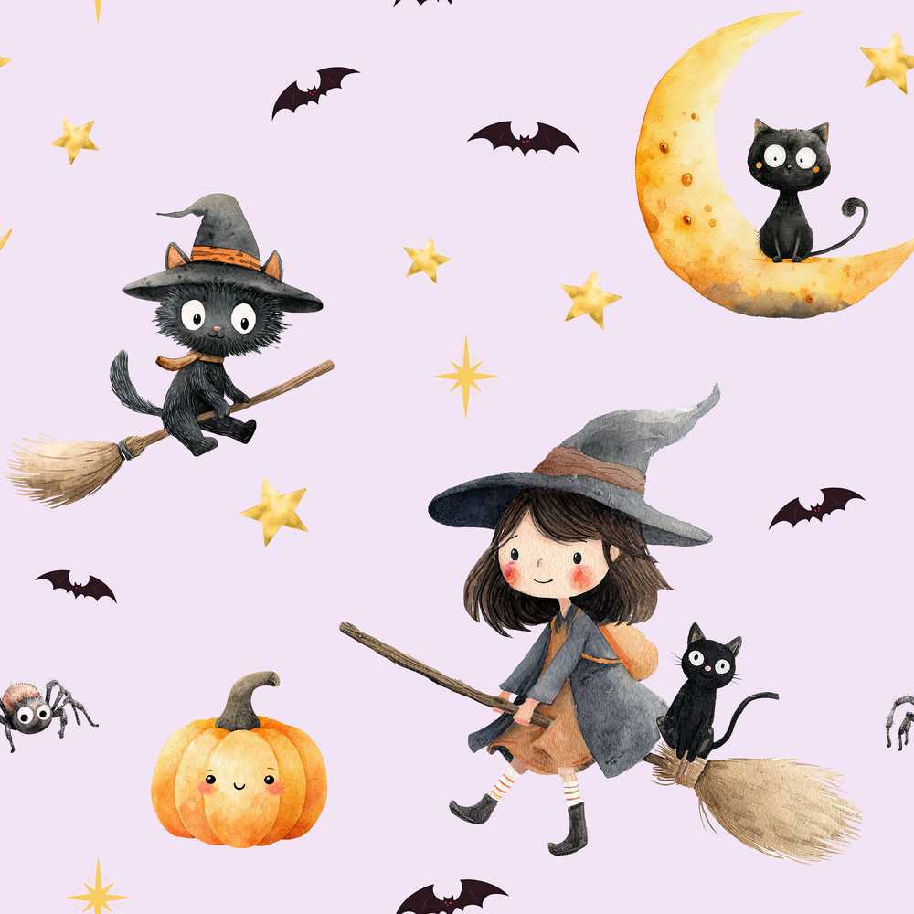 Halloween Witch Cat Moon Stars Spooky Night Lilac