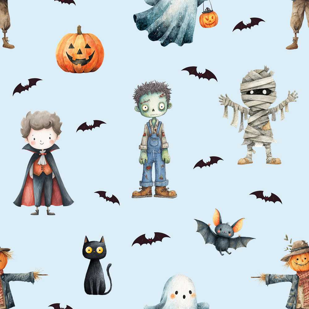 Cute Halloween Zombie Mummy Vampire Bat Spooky Blue Background