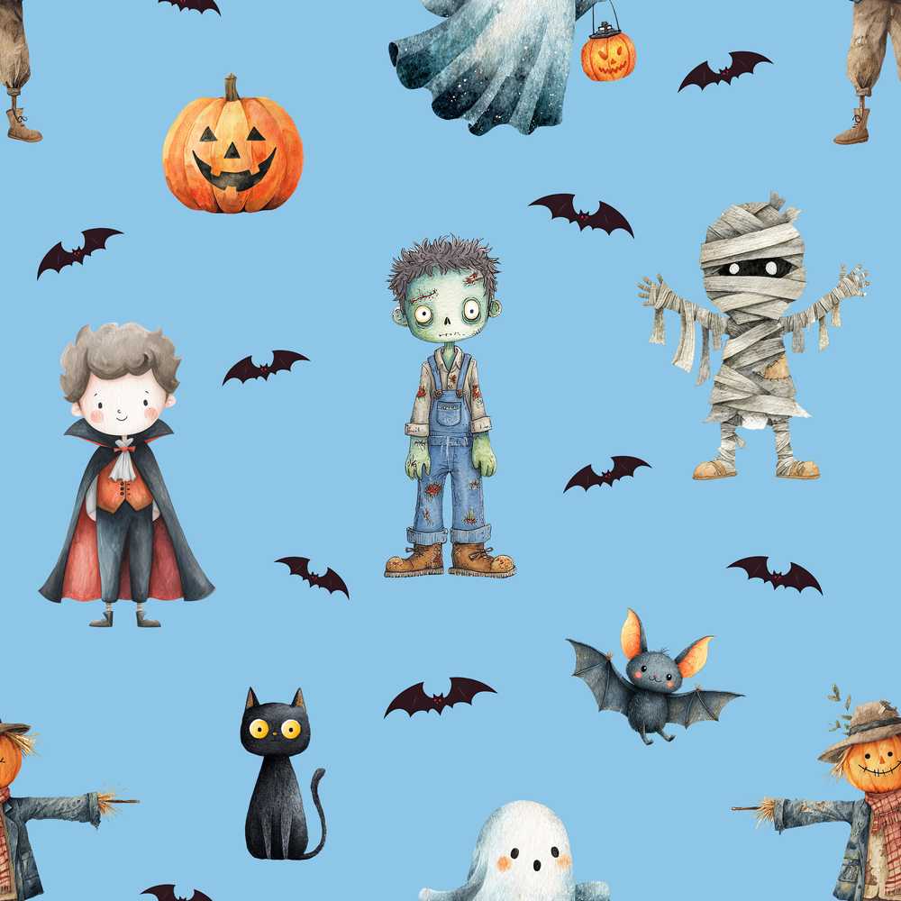 Halloween Zombie Mummy Vampire Bat Spooky Sky Blue
