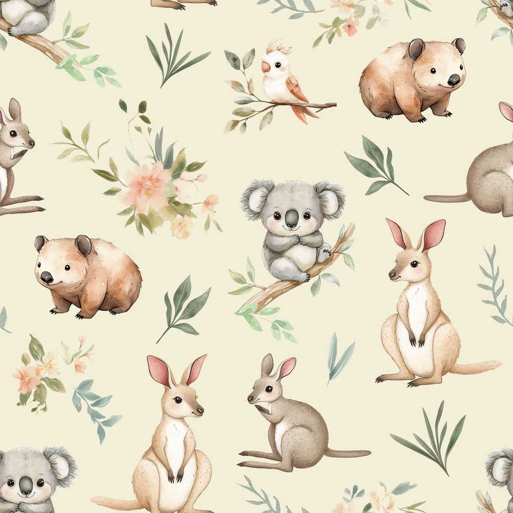 Woodland Animals Koala Kangaroo Bear Floral Sage Green Wildflower