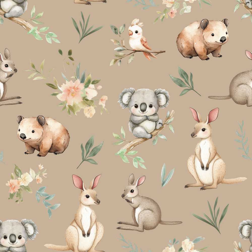 Woodland Animals Koala Kangaroo Bear Floral Warm Taupe Wildflower