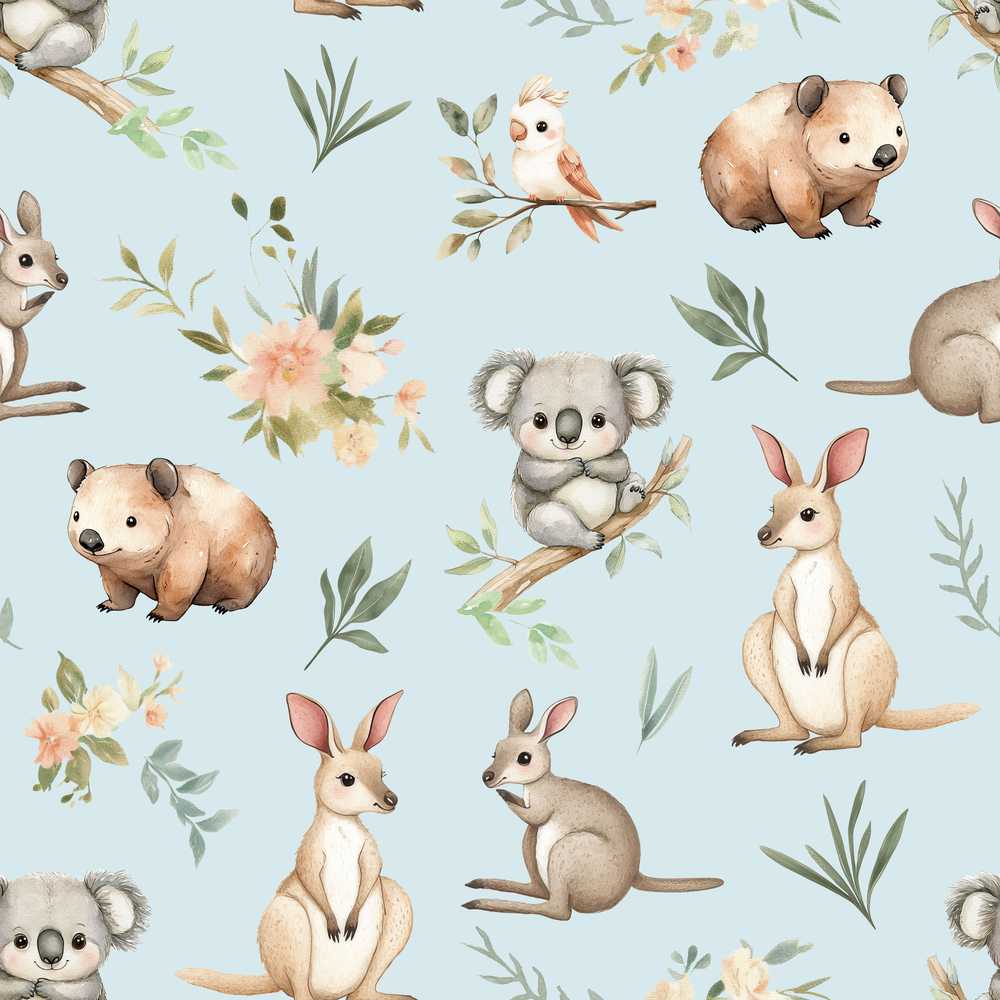 Woodland Animals Koala Kangaroo Bear Floral Dusty Blue Wildflower