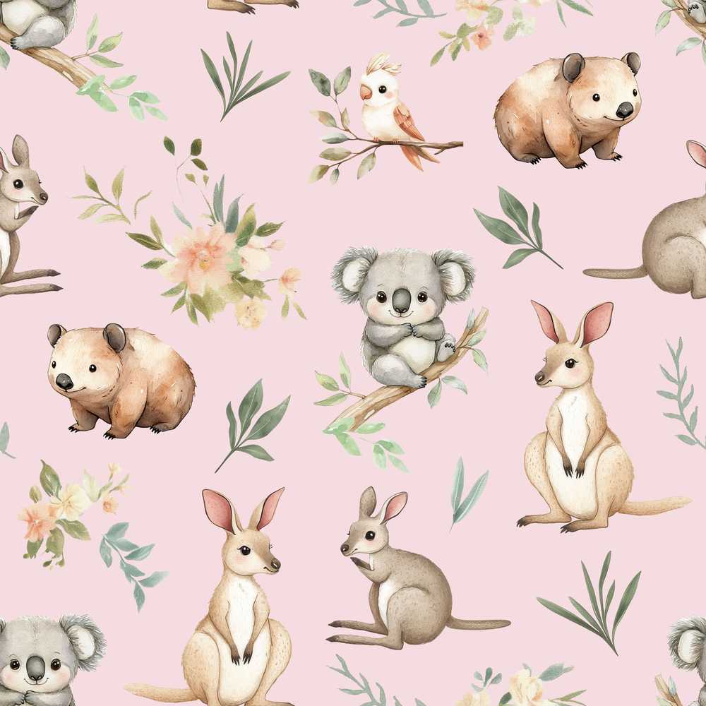 Woodland Animals Koala Kangaroo Bear Floral Mauve Pink Wildflower