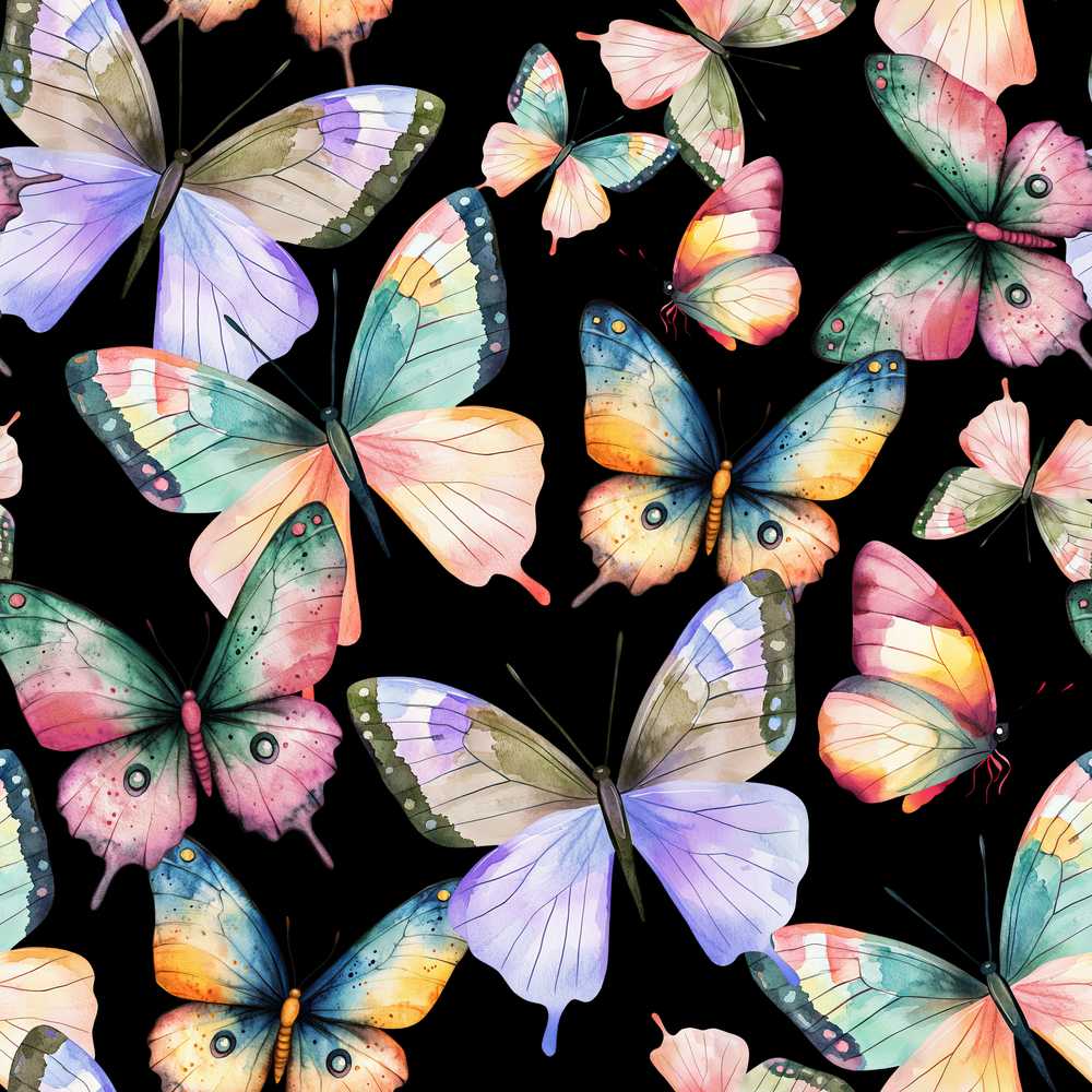 Colorful Watercolor Butterflies on Black Background Decorative Repeat