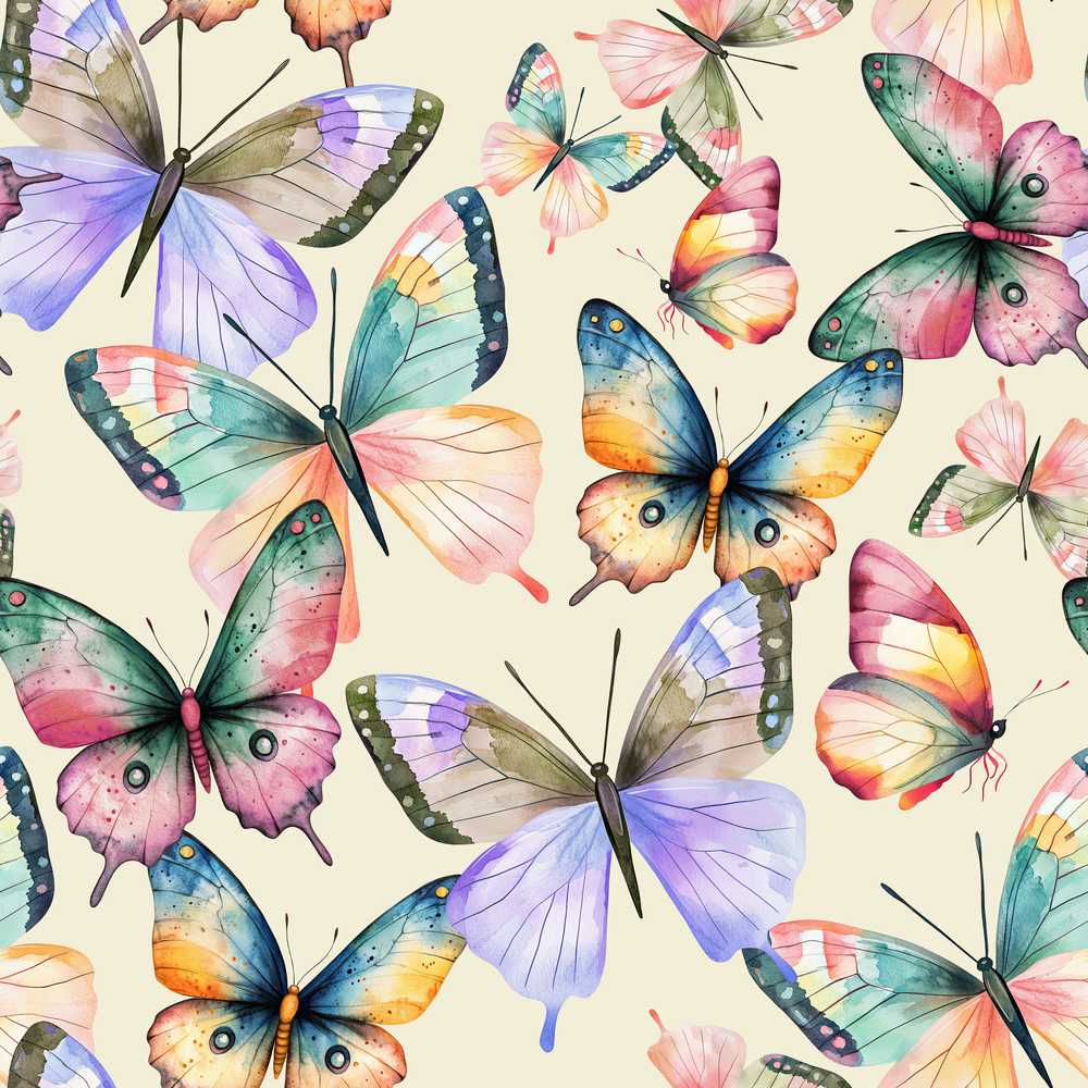 Colorful Watercolor Butterflies on Cream Background Decorative Repeat