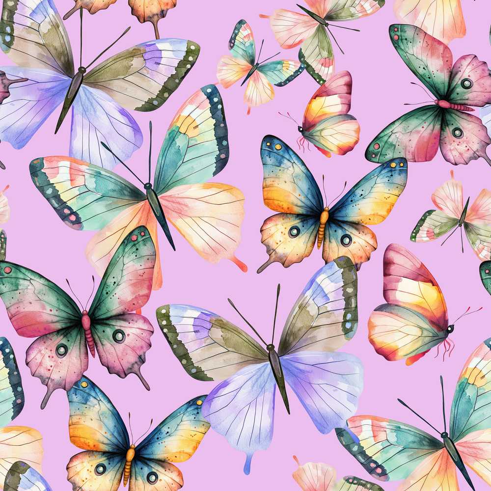 Colorful Watercolor Butterflies on Lavender Background Decorative Repeat