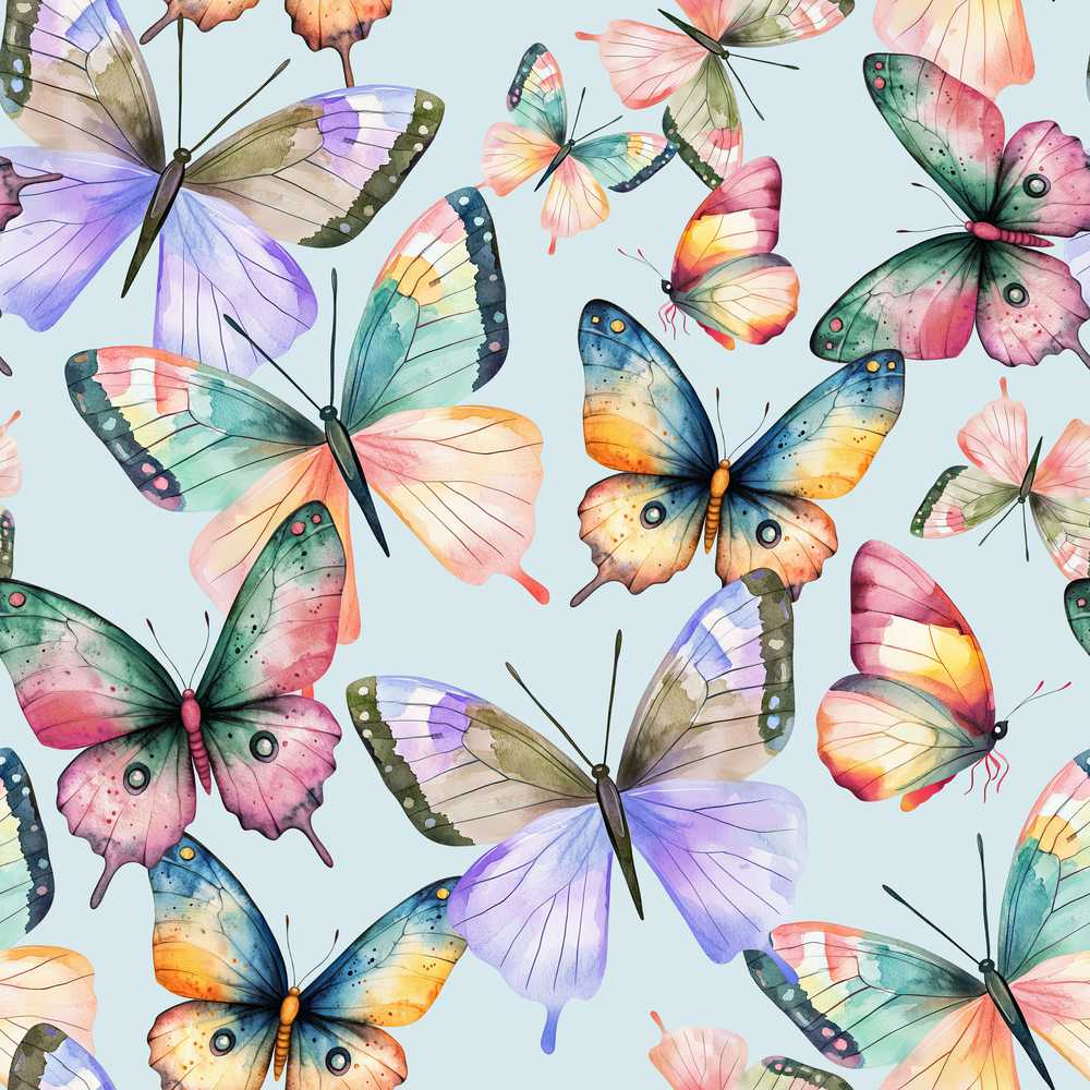 Colorful Watercolor Butterflies on Sky Blue Background Decorative