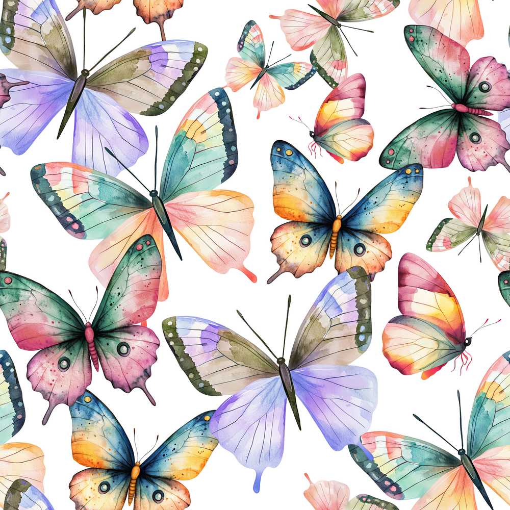 Colorful Watercolor Butterflies on White Background Decorative Repeat