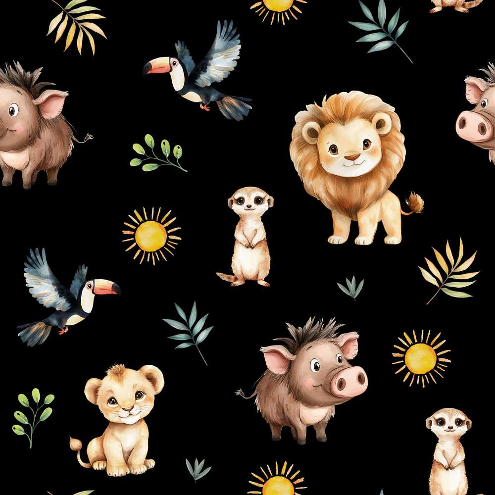 Jungle Animals Lion Meerkat Toucan Boar on Black