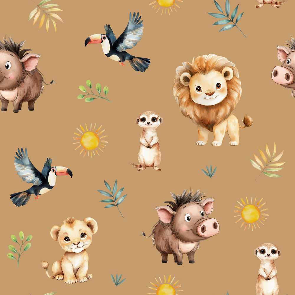 Jungle Animals Lion Meerkat Toucan Boar on Brown
