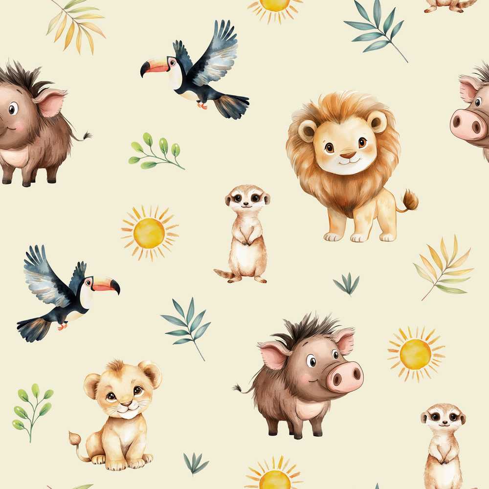 Jungle Animals Lion Meerkat Toucan Boar on Cream