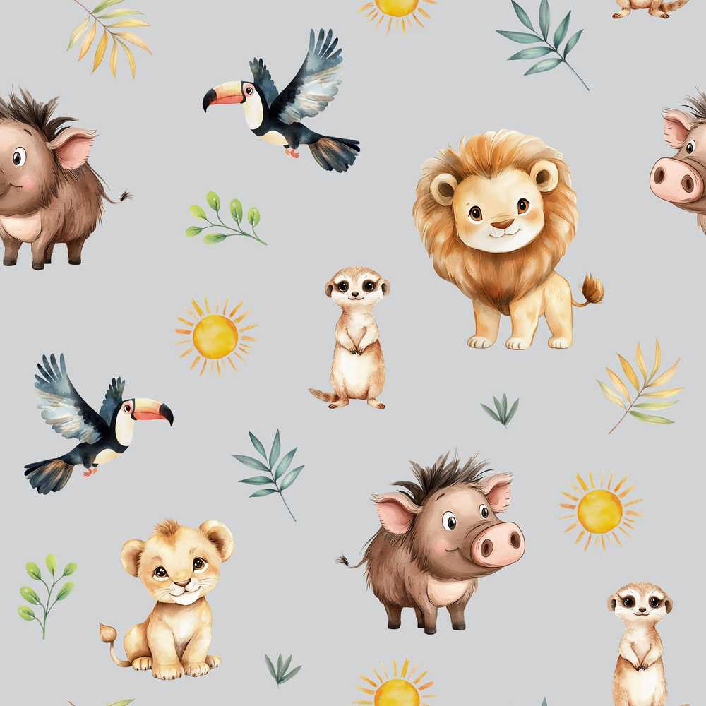 Jungle Animals Lion Meerkat Toucan Boar on Grey