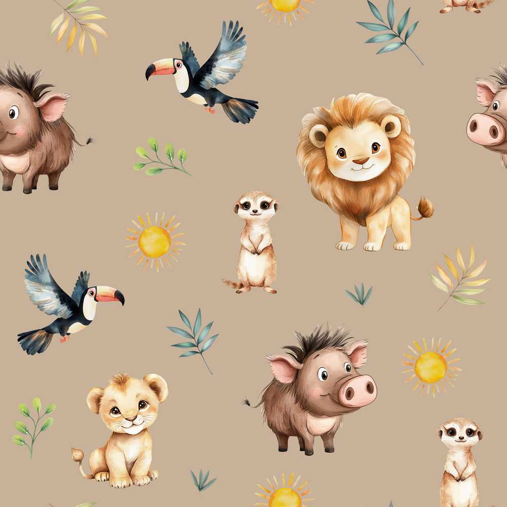 Jungle Animals Lion Meerkat Toucan Boar on Warm Beige