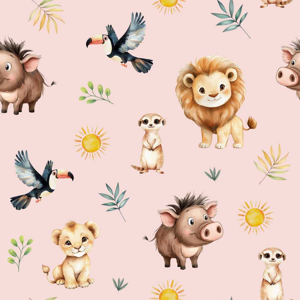 Jungle Animals Lion Meerkat Toucan Boar on Blush Pink